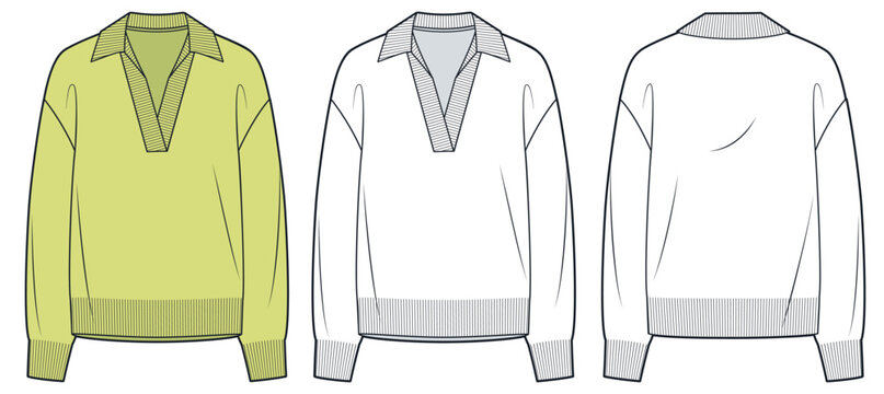 Polo Collar Knit Sweater Technical Fashion Illustration. Sweater fashion flat technical drawing template, long sleeve, v neck, front and back view, white, yellow, women, men, unisex CAD mockup.