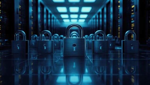Server room with lock icon indicating cybersecurity protection for digital information - Powered by Adobe