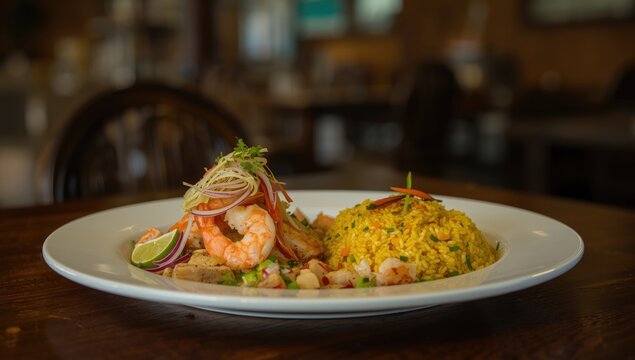 Peruvian seafood platter featuring ceviche and rice, focusing on vibrant ingredients and culinary presentation