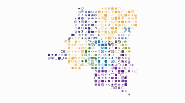 Democratic Republic of the Congo map animation. Shape of the country with pulsating colored dots. Large size rounded square blocks.