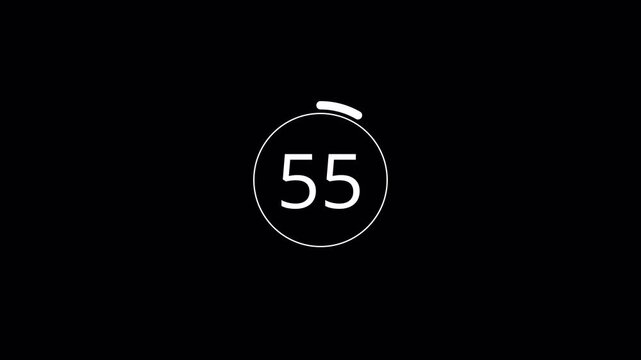 Countdown animation from sixty to zero seconds on transparent background, one minute countdown timer video with an alpha channel, 4k video of one minute countdown timer. 