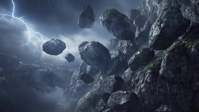 Boulders Falling from a Cliff Face During a Lightning Storm with Rain falling boulders
