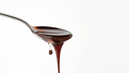Chocolate syrup cascading onto a spoon, highlighting condiment application in dessert preparation
