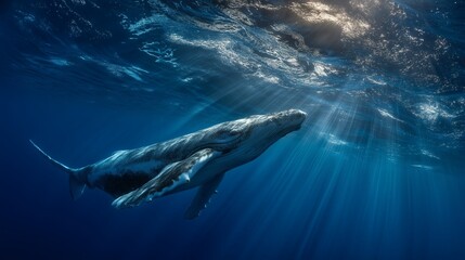 Fototapeta premium Gentle giant whale swims through the blue ocean water, light rays above.