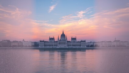 Fototapeta premium Early morning view of Hungarys parliament, cityscape with rising sun and quiet streets
