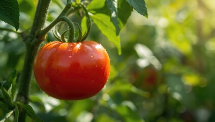 Tomato fruit in a sunny garden setting, highlighting natural growth and agricultural practices