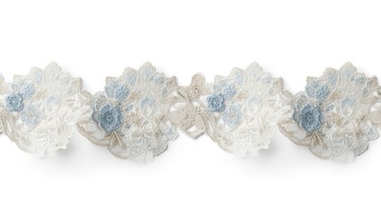 Close-up of embroidered lace trim on fabric, ideal for fashion or craft backgrounds, highlighting detailed textile textures