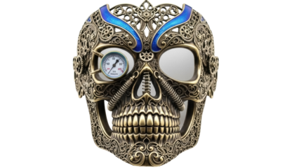 Isolated Steampunk Style Skull Mask With Blue Accents Ornamental Art Object Headware