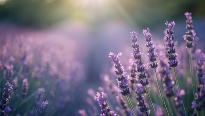 Obraz premium Lavender in full bloom on a Provence field at dusk, featuring purple hues and bokeh effects, suitable for background design