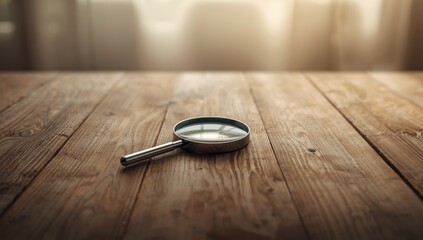 Close-up of a magnifying glass analyzing a wooden surface, highlighting precision tools and careful examination