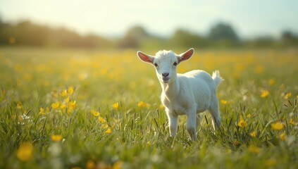 Naklejka premium Young white goat amid vibrant greenery and yellow blooms, highlighting rural livestock scenes