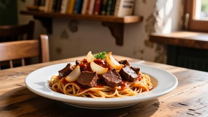 A delicious plate of pasta with beef and vegetables on a wooden table in a cozy restaurant