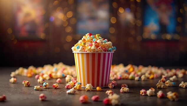 Brightly colored popcorn, highlighting snack variety, ideal for party decoration or entertainment