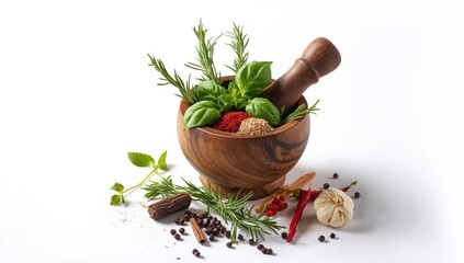Herbs and spices blended in a wooden mortar showcasing fresh ingredients for cooking, focusing on food prep