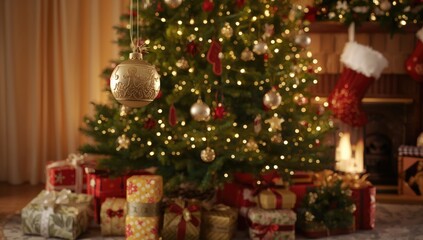 Golden gingerbread ornament on a Christmas tree, enhancing seasonal aesthetics for holiday celebrations