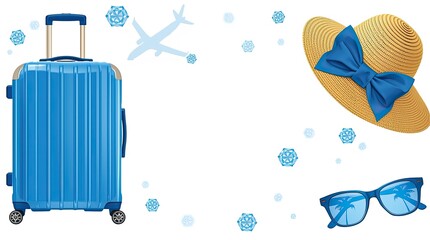 The travel kit consists of a suitcase, passport, hat, camera, glasses, airplane, palm leaves.