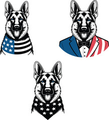 German Shepherd dog in American attire, patriotic pet illustration, USA flag-themed vector, Independence Day, Memorial Day, black line art, celebration