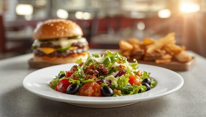 Fresh vegetable salad low fat content as a healthy option beside a greasy burger, ideal for diet-conscious choices