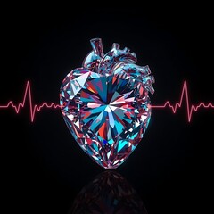 heart and heartbeat symbol Crystal heart on black background 