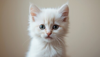 Tiny kitten with striking green eyes captured in a close-up, highlighting youthful expression