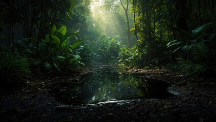 Fototapeta premium Tropical rainforest affected by oil spill, ecological preservation efforts