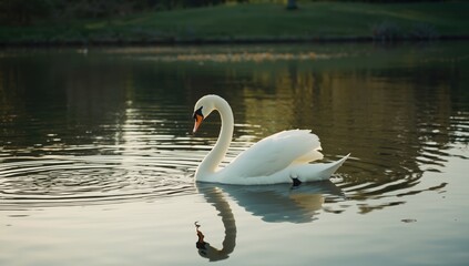 Fototapeta premium Swan gliding on a calm lake, ideal for environmental awareness visuals, Earth Day