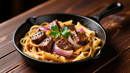 A delicious pasta dish with meat and vegetables in a cast iron pan on a wooden table