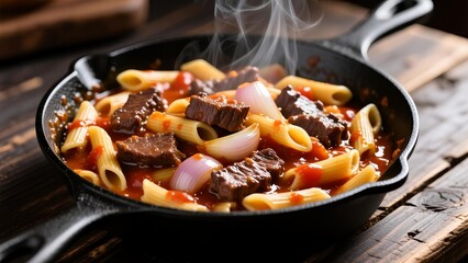 Sizzling Beef and Pasta Dish in a Cast Iron Skillet on a Rustic Wooden Table