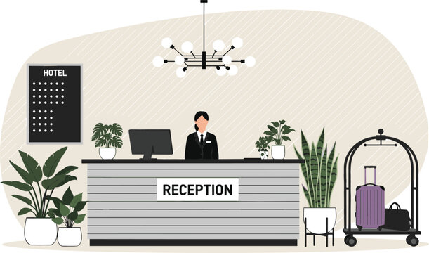 Modern hotel reception desk interior vector illustration with female receptionist computer luggage cart and many potted green plants