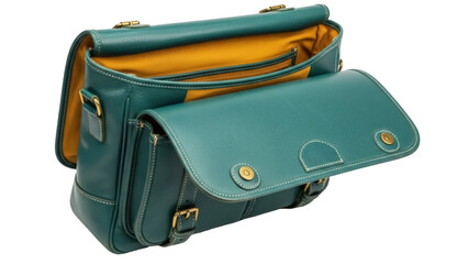 Isolated teal leather satchel bag, open, brass hardware and yellow interior, classic design