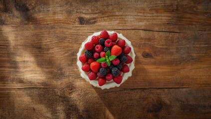 Layered cake with strawberries, raspberries, and blackberries, focused on fruit-rich dessert