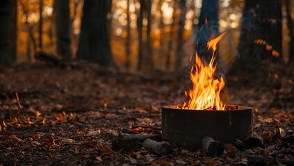 Vintage-style campfire in a fire pit at campsite on sunny autumn day, highlighting outdoor activity and seasonal scenery