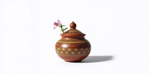 Decorative white ceramic pot featuring floral patterns, serving as a background for craft and cuisine presentations
