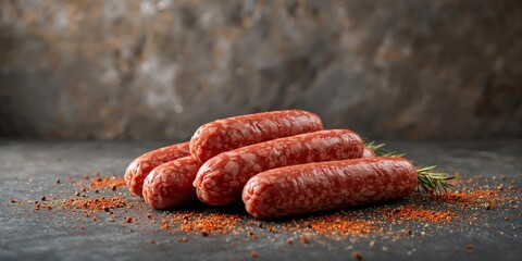 Uncooked beef sausages displayed on a stone slab, serving as a backdrop for layout design, highlighting meat processing