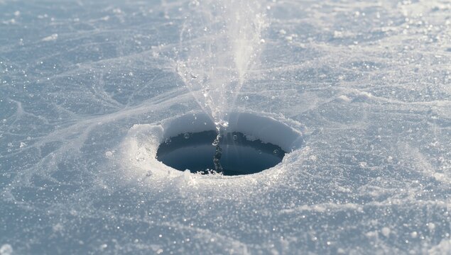 Ice fishing scene at Tibble Fork reservoir showing bubbles in frozen water, highlighting winter activity safety