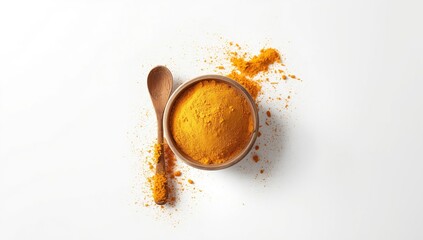 Ground turmeric stored in a wooden dish and spoon, highlighting spice ingredient for cooking