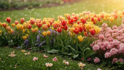 Obraz premium Bright tulips in red and yellow bloom amidst pink blossoms, suitable for floral pattern design