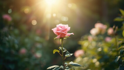 Obraz premium Pink rose against a lush natural setting intended for botanical display, garden decor, World Plant Day