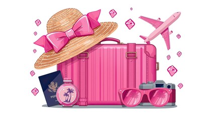 The travel kit consists of a suitcase, passport, hat, camera, glasses, airplane, palm leaves.