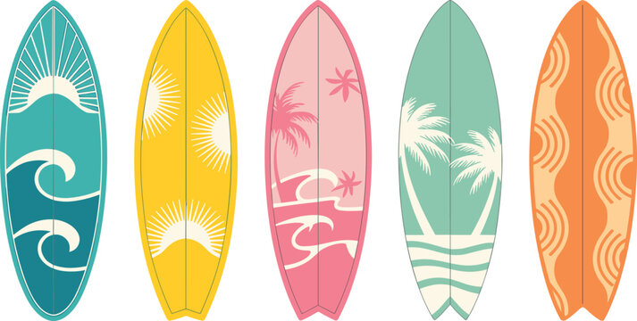 Vintage summer surfboard collection with retro patterns and tropical beach design elementsVintage summer surfboard collection with retro patterns and tropical beach design elements