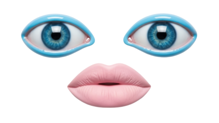 Isolated pop art face composed of glossy eyes and lips, vivid color and modern style