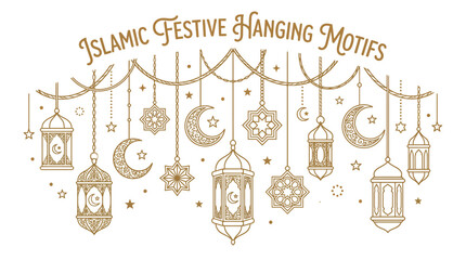 Elegant Islamic Festive Hanging Motifs Vector Design for Ramadan Eid Celebrations | Gold Crescent Moon Lantern Star Ornaments | Islamic Holiday Decoration Clipart Vector