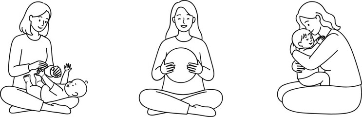 Minimalist line art vector illustration set of a mother playing with her infant baby and holding her pregnancy belly