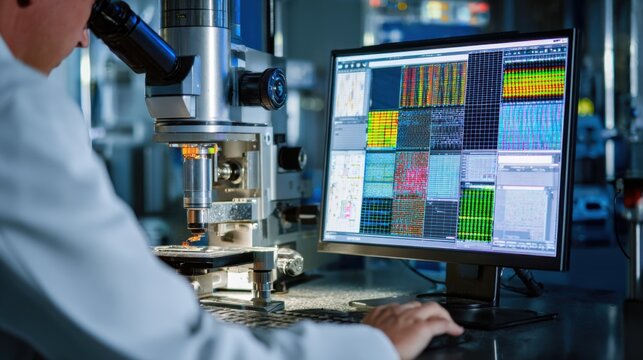 Medium shot of an alloy sample being examined through a spectrograph in a bright laboratory highlighting detailed spectral data on a computer screen - Powered by Adobe