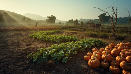 Sweet pumpkin cultivation in an organic farm setting emphasizing sustainable farming practices for environmental awareness