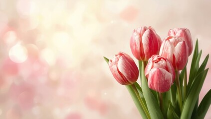 Obraz premium Pastel floral tulips in spring bloom with bokeh effect, suitable for seasonal greeting cards or wedding backgrounds