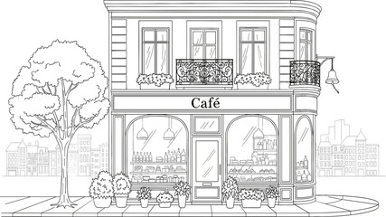 Detailed black and white line art vector of a classic European café storefront with balcony and outdoor plants © NURUL