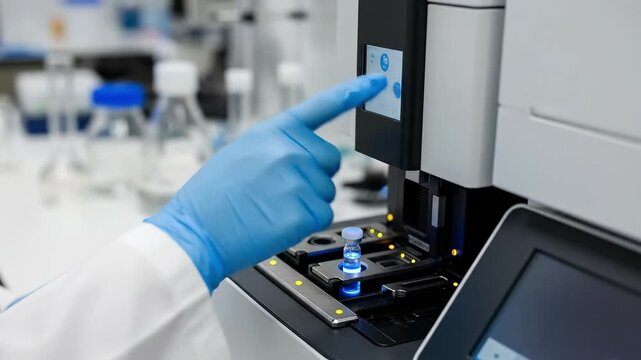 Laboratory Technician in White Coat Conducting Research with a Microscope and Pipette in a Modern Biotech Lab Environment