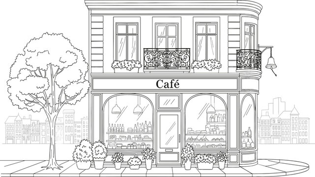 Detailed black and white line art vector of a classic European caf&eacute; storefront with balcony and outdoor plants