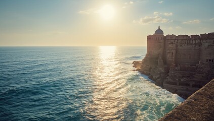 Sea surf hitting old city fortifications on a bright day, shoreline preservation focus